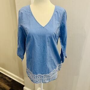 Talbots Top Womens M Blue Embroidered Eyelet Short Slit Tie Sleeves V Neck Boho